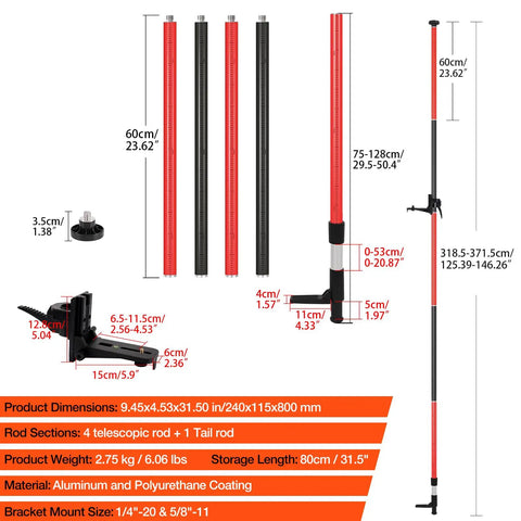 Diagram of Telescoping Laser Level Pole Workhorse With Adjustable 12.7 Ft Reach Universal Mount Adapters, dimensions and parts labeled