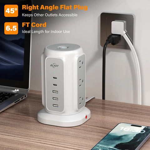 Flat Plug Power Strip Tower With Nine Outlets And Five USB Ports Including Two USB C Ports, 1200J Surge Protection, 6.5 Foot Cord