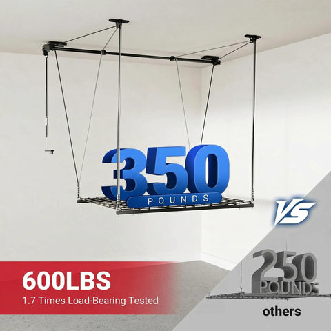 Heavy Duty Overhead Garage Storage Rack 4X4 Ft Ceiling Hoist System Adjustable Metal Organizer Holds Up To 350 Pounds Legit Garage Storage Flex Setup Black
