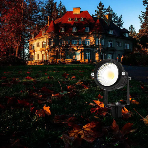 Low Voltage 5W Landscape Spotlight Kit, 12V AC/DC Waterproof Lit Outdoor Flag And Tree Lights illuminating a house at dusk