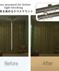 Heavy duty double curtain rail with thick aluminum alloy track installed for light control before and after comparison.