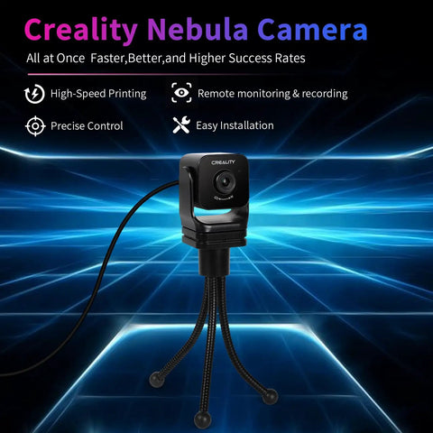 Nebula Camera For 3D Printers With Night Vision And 24 Hour Monitoring Real Time Printing Monitoring Via USB Connection Compatible With Sonic Pad Nebula Pad Ender 3 V3 KE Ender 3 V3 Plus And CR 10 SE shown mounted on a tripod.