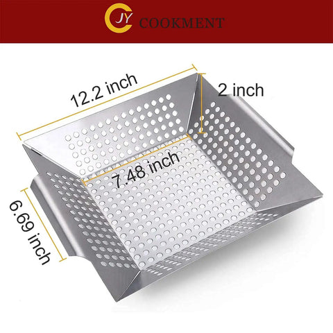 Stainless Steel Grill Basket For Indoor And Outdoor Use Large 12 By 12 By 2 Inch Veggie And Kabob Grilling Basket Heavy Duty