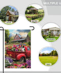 Welcome Spring Summer Red Truck Garden Flag with flowers and puppy, 28x40, double-sided, premium linen, porch and outdoor display