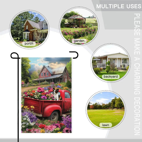 Welcome Spring Summer Red Truck Garden Flag with flowers and puppy, 28x40, double-sided, premium linen, porch and outdoor display