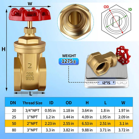 Built To Last 2 Inch Brass Gate Valve NPT 200 WOG Manual Rotary Sluice Valve with weight and dimension chart
