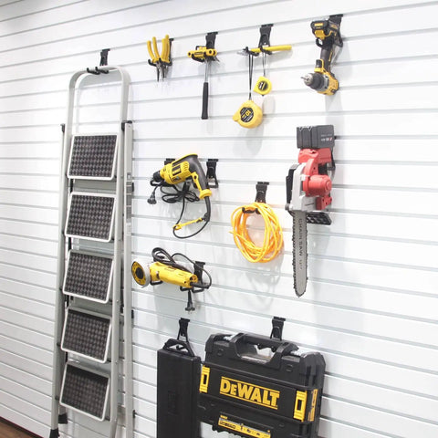 Black Slatwall Hooks And Hangers Set, 8 Pack, Heavy Duty Slat Wall Accessories For Garage Organization, tools mounted on slatwall