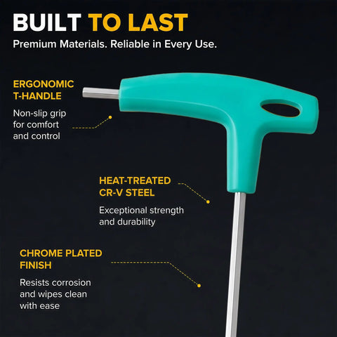 3mm T Handle Hex Key Wrench Beefy Long Arm Heavy Duty CRV Steel Ergonomic Hex Wrench For Furniture Bicycles Auto Repair And Home DIY Green All Purpose, turquoise T-handle close-up