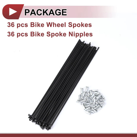 12G 225mm Black Bicycle Spokes Set with 36 Pcs of 45 Steel Spokes and Nipples for Pro Grade Wheel Builds