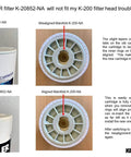 Comparison of old and new Aquifer Water Filtration System Replacement Cartridges, showing misaligned and aligned manifolds.
