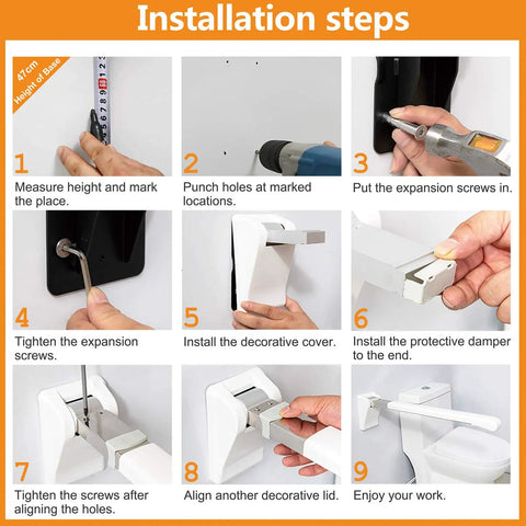 Installation steps for 27.5 Inch Stainless Steel Bathroom Grab Bar With Foldable Skid Resistant Toilet Safety Rail.
