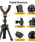 Beefy Shooting Rest Tripod With Adjustable Height And 360 Degree V Yoke Rotation, shows anti-slip holder and adjustment features.