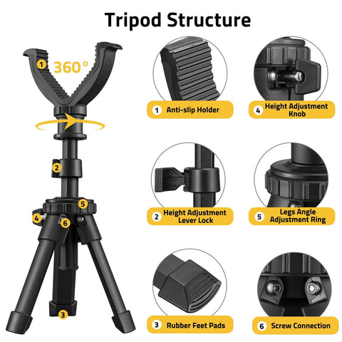Beefy Shooting Rest Tripod With Adjustable Height And 360 Degree V Yoke Rotation, shows anti-slip holder and adjustment features.