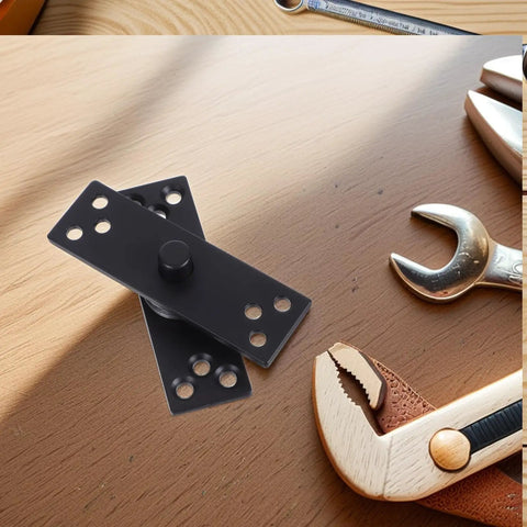 Heavy Duty Stainless Steel Hidden Door Hinges With 360 Degree Pivot, Black Pivot Hinge on wooden table with tools