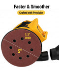 Five Inch Brushless Cordless Random Orbital Sander Cranks Out Twelve Thousand Opm Tough As Nails with 5-inch sanding pad and 1.1" orbit.
