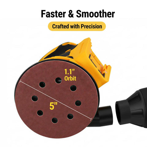 Five Inch Brushless Cordless Random Orbital Sander Cranks Out Twelve Thousand Opm Tough As Nails with 5-inch sanding pad and 1.1" orbit.