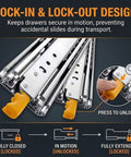 Beefy Heavy Duty Full Extension Ball Bearing Drawer Slides Pair For 20 To 76 Inch Range shown with lock-in lock-out mechanism