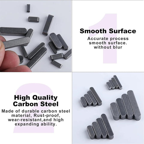 Round Ended Feather Key Set, 140 Pcs Parallel Drive Shaft Keys, Key Stock Assortment for Shaft Keyways, 3Mm 4Mm 5Mm 6Mm in high carbon steel, shown in a clear box with text highlighting smooth surface and high quality.