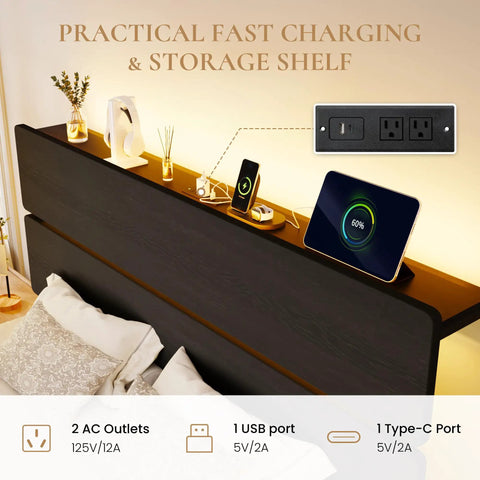 Queen Bed Frame With Smart App Controlled RGB LED Lights, Dual Wireless Charging Dock, Built In Storage Shelf, Modern Bedroom Furniture For A Clean Setup And Dope Vibe Upgrade - Storage shelf with charging ports.