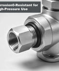 Two Pack 3/8 NPT Female To 1/2 NPT Male Hex Pipe Fitting Reducer Adapter Tough As Nails 304 Stainless Steel Build close-up angle.