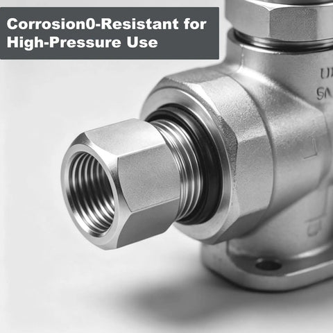 Two Pack 3/8 NPT Female To 1/2 NPT Male Hex Pipe Fitting Reducer Adapter Tough As Nails 304 Stainless Steel Build close-up angle.