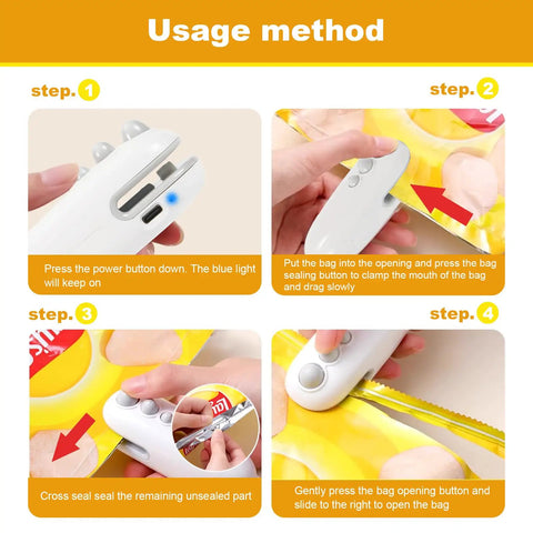 Steps to use 2 In 1 Heat Sealer And Cutter For Snack Bags, Portable Bag Sealer Resealer Machine, demonstrating functionality