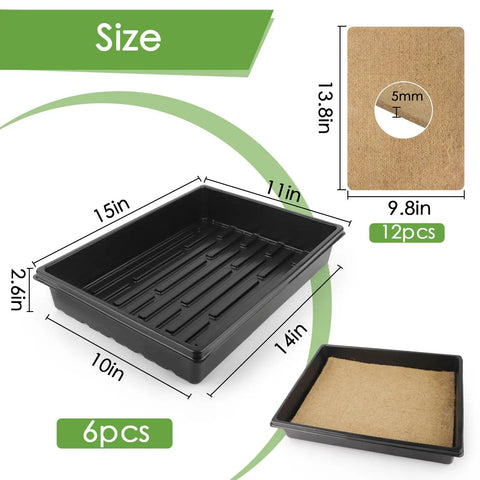 Six Pack Microgreens Growing Trays Kit With Twelve Hemp Fiber Grow Mats For Indoor Gardening in black and brown.