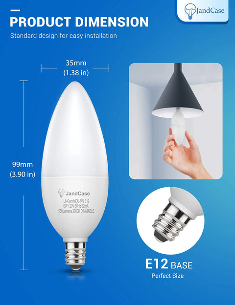 Product dimensions and E12 base of Color Changing E12 Candelabra LED Bulb 5W 40W Incandescent Equivalent RGB Warm Cool White Remote Control Dimmable 350 Lumens 2 Pack For Home Party Christmas Decor shown in installation with a hand.