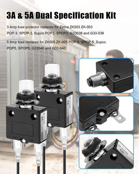 3 Amp Resettable Circuit Breaker Push Button Switch With 18 Awg Lead Wires Hex Nut Mount, showing 3A and 5A models side by side.