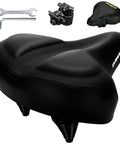 Ultra Comfortable Oversized Bike Seat With Memory Foam Padding And Extra Wide Soft Saddle, tools, cover, and clamp