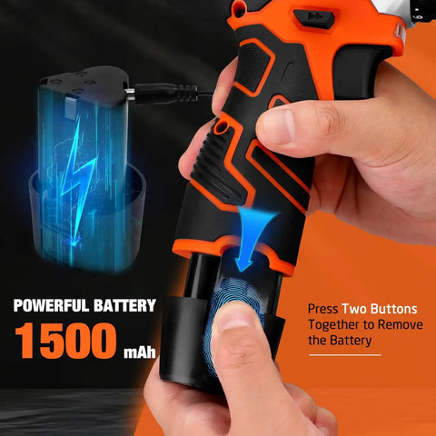 Close-up of 12V cordless drill from 255 Piece Tool Set With 12V Cordless Drill Driver Drawer Style Toolbox Case All In One Home Repair Kit