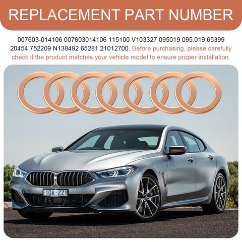 15 Pack 14mm Copper Oil Drain Plug Gaskets, Copper Crush Washers For Auto Seals displayed above a car.