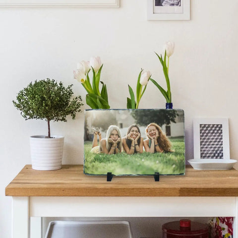 Two Pack 11.46x7.48 Inch Rectangle Sublimation Slate Frames With Stand on table with printed photo, smooth coated surface