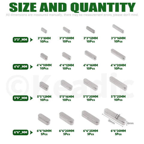 Heavy Duty Pro Grade 140Pcs Feather Keys And Woodruff Key Set 16 Sizes Round Ended displayed in size chart