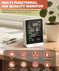 5 In 1 Indoor Air Quality Monitor Real Time CO2 TVOC HCHO Temperature Humidity With Digital Display And Alerts Easy Setup For Home Office Use Tracks Air Quality Metrics And Helps You Keep Your Family Safe And Air Fresh. desktop unit on desk