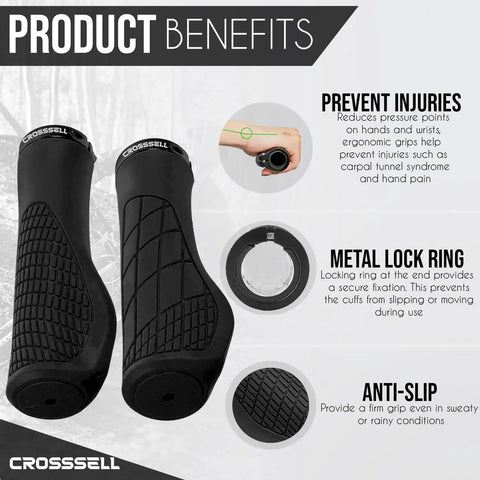 Ergonomic MTB grips with wrist support, black 22.2mm, anti-slip design, metal lock ring for secure fit, prevents injuries and fatigue.