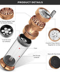 Exploded view of 3-In-1 Spice Grinder With Hand Crank, Roller Crusher And Cone Filler, showing copper components and clear chamber.