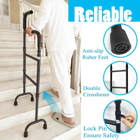 Easy Peasy Assembly Adjustable Stair Climbing Cane For Seniors Delivering Solid Grip And Extra Balance Portable Freestanding Mobility Aid Smooth Moves On Twenty Level Steps No Fuss Setup, anti-slip rubber feet and double crossbeam for stability.