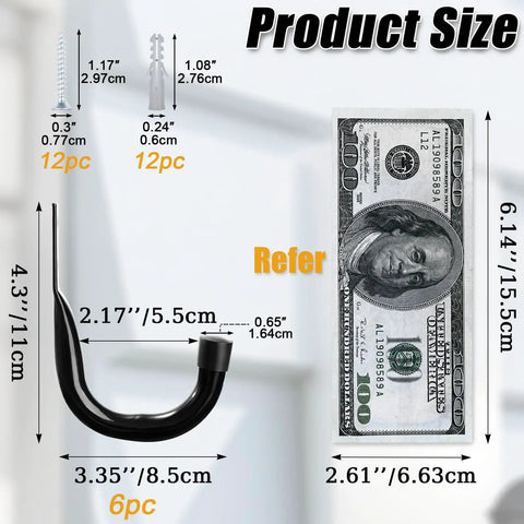 Beefy Heavy Duty Metal Wall Hooks Set Six Pack For Garage Organization And Storage, size comparison with screws and dollar bill
