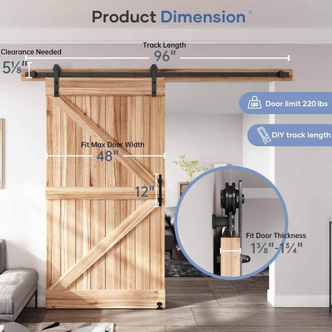 8 Ft Sliding Barn Door Hardware Kit With Straight Pulley Track For A Smooth Glide Like Butter And Quiet Operation, For 40 To 48 Inch Single Doors, Aluminum Frame, Black Powder Coat, Ball Bearing Rollers, Easy Install shown with dimensions