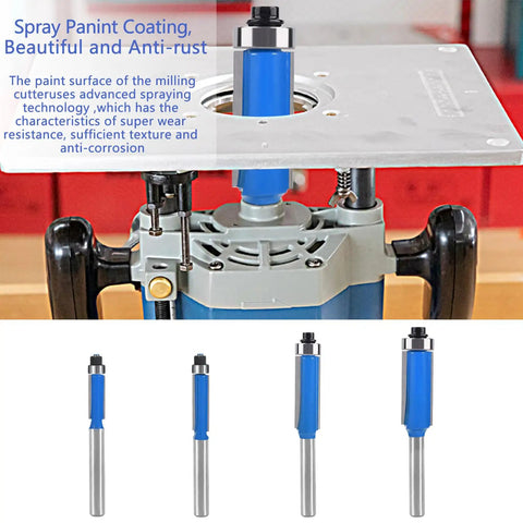 Four Piece One Quarter Inch Shank Top Bearing Flush Trim Router Bit Set With Diameters One Quarter, Five Sixteenths, Three Eighths, And One Half Inch For Veneer Flush Trimming And Template Work Pro Grade Kit For Precise Repeats