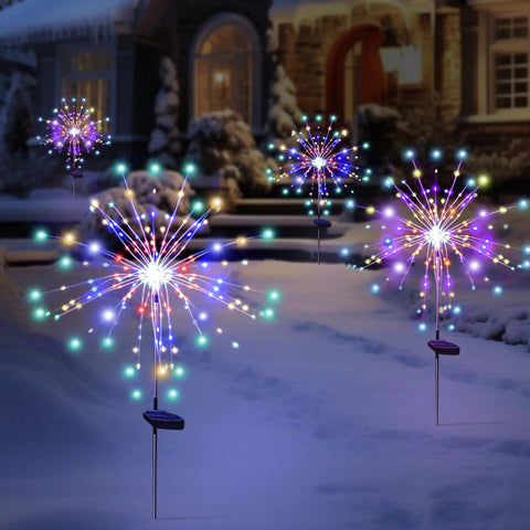 Colorful Solar Garden Firework Lights 4 Pack Outdoor Waterproof 120 LED Sparklers illuminating snowy yard