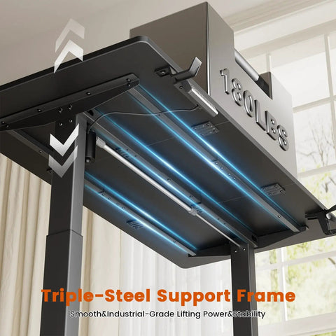 Underside of Electric Standing Desk With Drawers And Storage 47 By 24 Inch Sit Stand Desk Height Adjustable showing triple-steel support frame