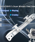 No Sweat Dryer And Washer Door Hinge Replacement Part Delivers Solid Performance For Your Front Load Appliances Fits Whirlpool Amana Maytag Crosley Units With W10208415 showing a shiny metal hinge.
