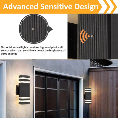 Dope Black Aluminum Dusk To Dawn Outdoor Wall Lights 4 Pack Up And Down Exterior Fixtures next to a front door, weatherproof design