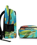Side and bottom view of Coral Reef Sea Turtle Print Unisex Backpack Large Capacity Durable Polyester Daypack with colorful design