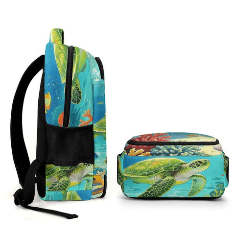 Side and bottom view of Coral Reef Sea Turtle Print Unisex Backpack Large Capacity Durable Polyester Daypack with colorful design