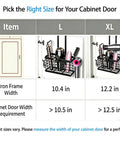 Comparison chart for L and XL sizes of Three In One Hair Tool Organizer And Universal Hair Dryer Holder Upgraded 2026 with cabinet door requirements.
