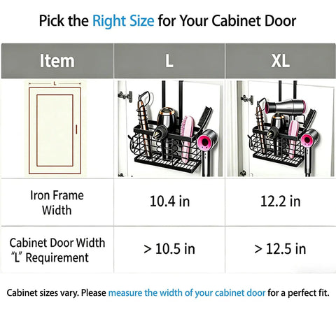 Comparison chart for L and XL sizes of Three In One Hair Tool Organizer And Universal Hair Dryer Holder Upgraded 2026 with cabinet door requirements.