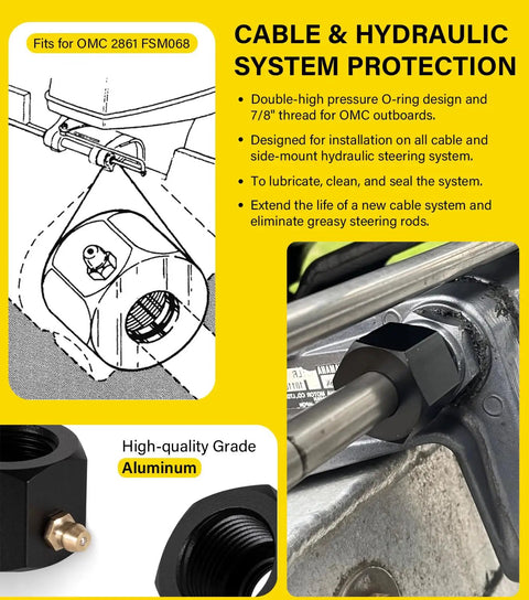Steering Tube Cable Grease Nut With Seven Eighths Inch Thread For Outboard Hydraulic Steering Systems, Double High Pressure O Ring Seal, Compatible With OMC 2861 FSM068, Lubricates, Cleans, And Seals All Cable And Side Mount Hydraulics